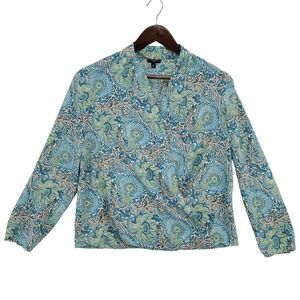 Talbots Petites 6P Faux Wrap Blouse Paisley Blue‎ Green Surplice Top Classic